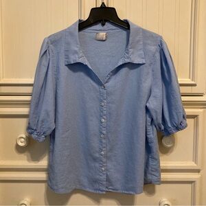 Women’s Heroes & Dreamers Linen Puff Sleeve Button Down Blouse M